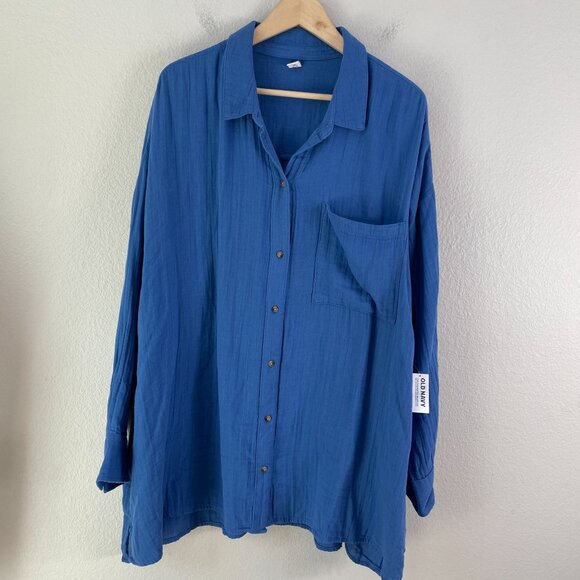 NEW Old Navy Womens Plus 3X Blue Button Up Shirt Cotton Gauzy Relaxed Fit Top - Picture 7 of 10